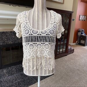 Crocheted Cream Fringed Bottom Top Medium